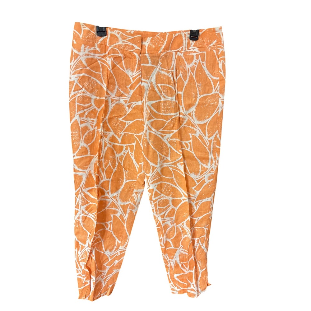 Rafaella Orange White Leaf Print 100% Linen Straight Leg Crop Pants Womens 12